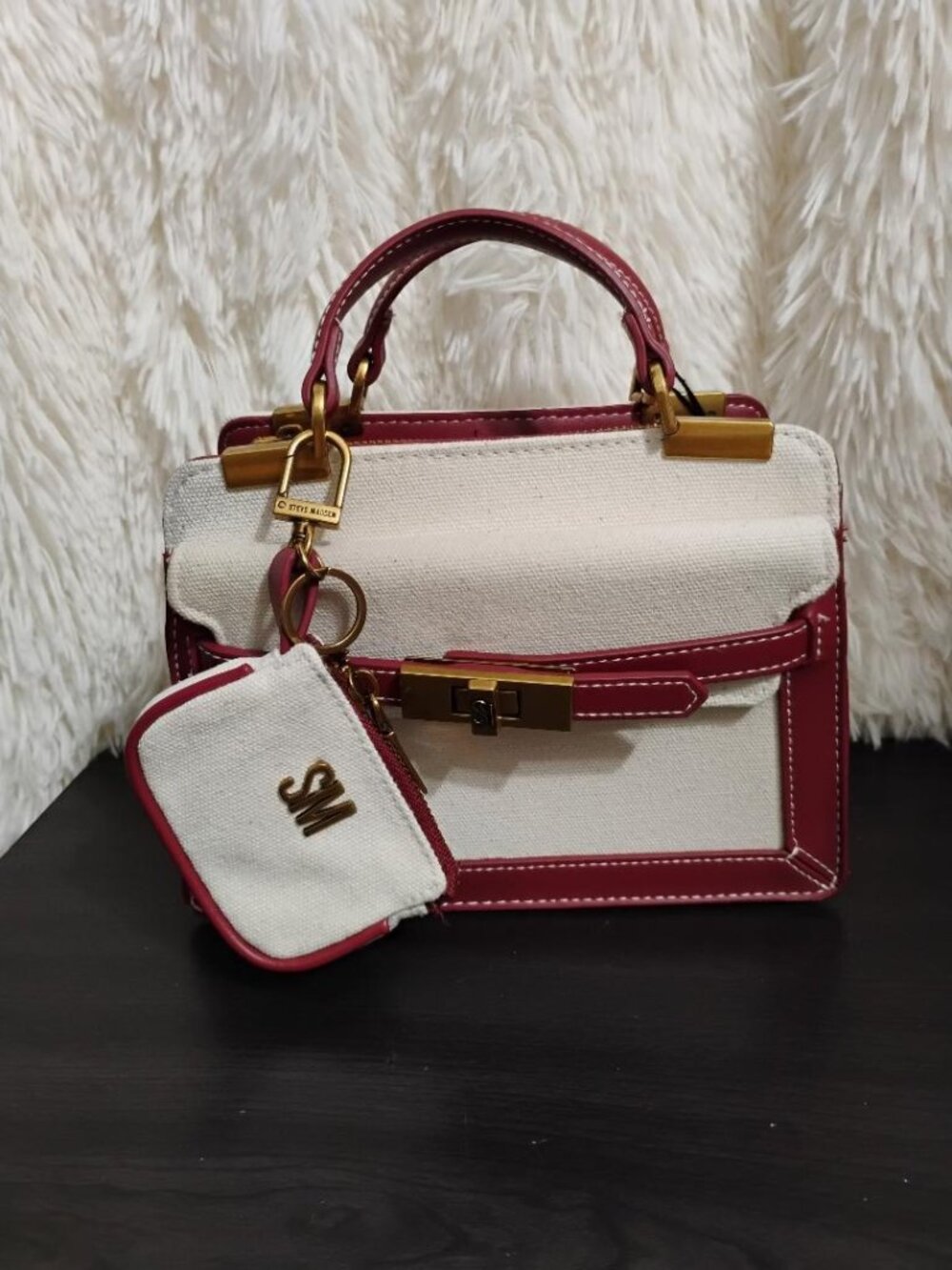 Steve Madden BERRY Satchel Crossbody Bag Canvas Pouch Berry Cream NWT